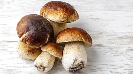 A vibrant assortment of freshly harvested, natural wild mushrooms is artfully arranged on a rustic, distressed white wooden surface. These wholesome fungi, with their distinctive earthy brown caps and