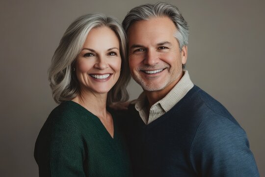 A smiling mature couple with gray hair, looking happy and content in a professional studio portrait, showcasing their warm connection.