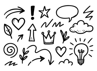 Vector collection of hand drawn doodle elements including arrows hearts and symbols