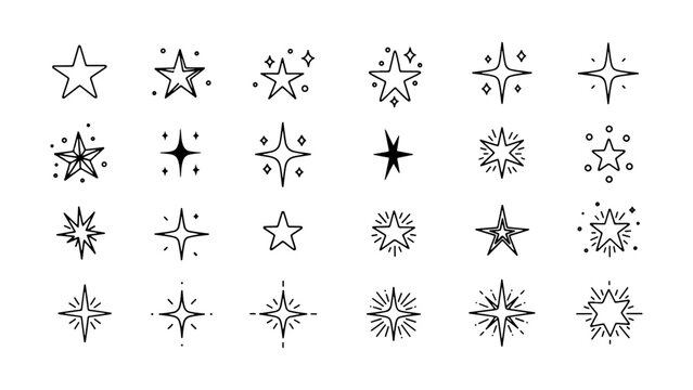 Vector collection of twenty four hand drawn star illustrations in black on transparent background