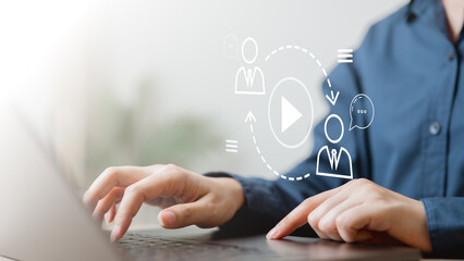 screen, share, prompt, permission, window, app, meeting, present, allow, deny, Person using laptop with virtual icons representing screen sharing and online meeting.