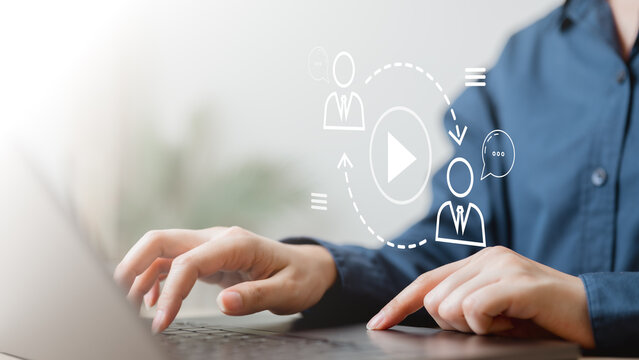 screen, share, prompt, permission, window, app, meeting, present, allow, deny, Person using laptop with virtual icons representing screen sharing and online meeting.