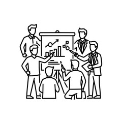 Business team presentation with a flip chart and graphs.