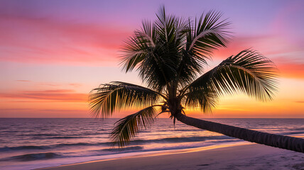 Palm trees at sunset, their colors blending across the sky in shades of pink, golden yellow, and purple.