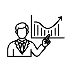 Business presentation with a graph and a businessman pointing at it.