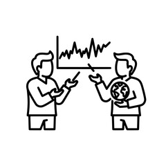 Two people presenting a graph and a globe discussing global issues and data analysis.