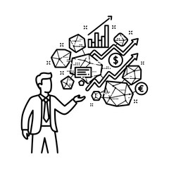 Businessman presenting financial data and business growth with charts and currency symbols.