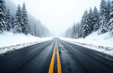 Snow-covered forest surrounds a wet asphalt road with yellow lines in a winter landscape