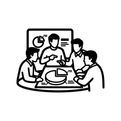 Business meeting with presentation and pie chart analysis.
