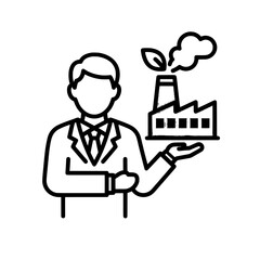 Businessman holding a factory with smoke and leaves environmental concept.