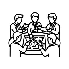 Team of people discussing a world map at a table.