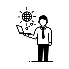 Businessman using laptop with globe and connection icons.