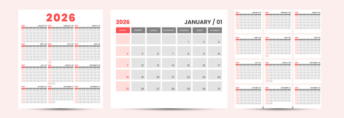 Minimalist 2026 calendar template design modern red gray layout business corporate office planner