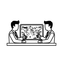 Two men are planning a global travel route on a world map.