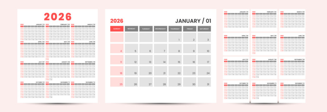 Minimalist 2026 calendar template design modern red gray layout business corporate office planner