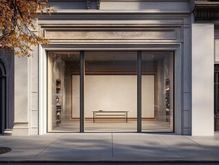 Modern storefront with minimalist design and large glass windows, clean and inviting architectural showcase.