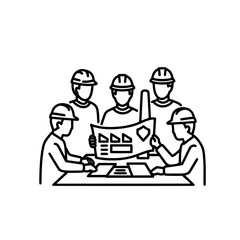 Construction team meeting around a table to discuss blueprints and plans.