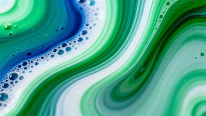 A vibrant abstract composition featuring swirling patterns of green, blue, and white with embedded bubbles, evoking a sense of fluid motion and organic texture.