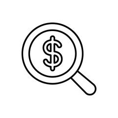 Vector art of magnifying glass over a dollar coin, representing financial search
