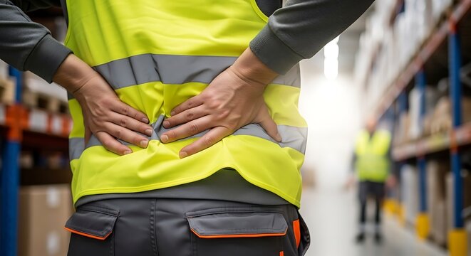 Warehouse worker suffering from back pain while working in a distribution center - Powered by Adobe