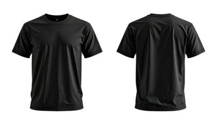 Front and back view of a plain black short sleeve t-shirt isolated on white background.