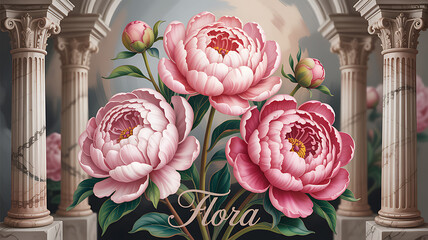 Peony flowers wallpaper with antique columns. Elegant floral mural with marble columns. Abstract botanical illustration for art prints.