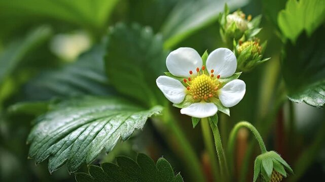 A vibrant close-up captures the delicate beauty of a blooming strawberry plant flower. White petals unfurl around a bright yellow center with small red accents, surrounded by lush green leaves and nas