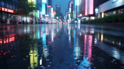Rain falling on wet asphalt at night, creating reflections of city lights and buildings, with puddles and glistening surfaces, capturing a calm urban atmosphere