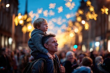 Fototapeta premium father and son enjoying christmas festival under glowing star lights warm crowd atmosphere joyful family moment concept of festive promotion concept of event advertising