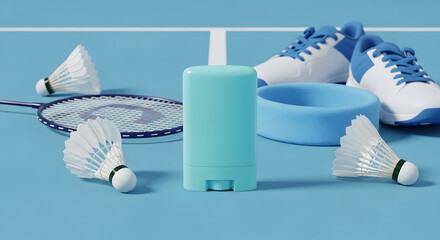 Collection of sports equipment including rackets, shuttlecocks, and shoes, alongside a body care product