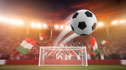 Soccer Ball Flying Across the Stadium. Ball's Flight Leads to Goal, Success, and Victory. Swirling Ball, Arena with Crowds of Fans Cheering for the Champion Winning Team. Medium Close-up Shot