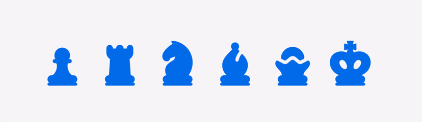 Chess pieces set for mobile application. Vector illustration of chess icons top view for chessboard display. Flat design symbols of king, queen, rook, bishop, knight, and pawn for digital interface. © Ihor