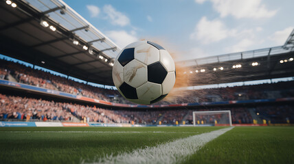 Soccer Ball Flying Across the Stadium. Ball's Flight Leads to Goal, Success, and Victory. Swirling Ball, Arena with Crowds of Fans Cheering for the Champion Winning Team. Medium Close-up Shot