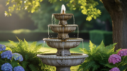 Three tier outdoor water fountain isolated. Large round outdoors water fountain.