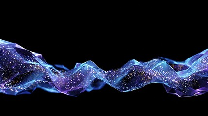 A glowing, abstract, crystalline wave of light in shades of blue, purple, and gold against black
