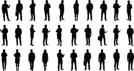 Silhouette illustration of business people standing, talking, and working together in corporate office environment representing teamwork, leadership, and professional communication