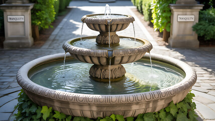 Three tier outdoor water fountain isolated. Large round outdoors water fountain.