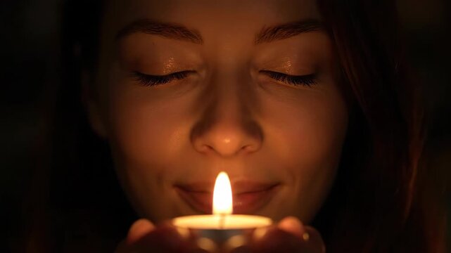 Woman's Face Illuminated by Candle Flame in Dark Room at Night