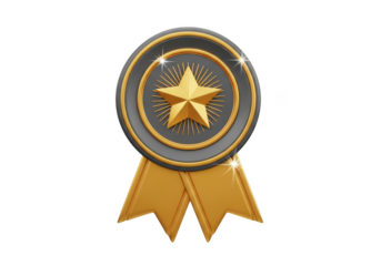 Gold star medal with ribbon isolated on transparent background