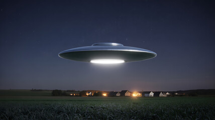 UFO Over Futuristic City with Lightning