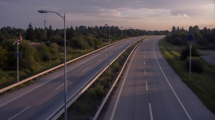 Wide shot from above of a deserted highway at dusk, broken streetlights casting long shadows, overgrown with weeds, somber mood, photorealistic.