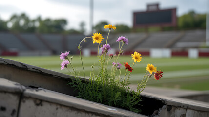 Wildflowers growing in the cracks of an abandoned sports stadium.