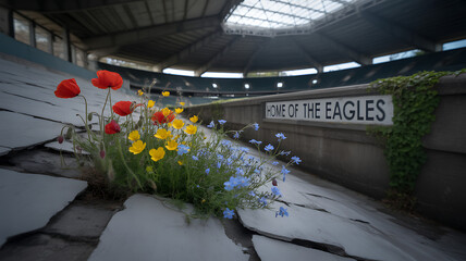 Wildflowers growing in the cracks of an abandoned sports stadium.