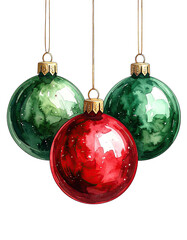 Three festive Christmas ornaments red and green hanging.