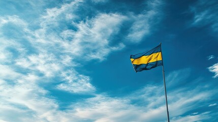 Flag waves in blue sky dotted with clouds. Flag has blue and yellow stripes, symbolizing national pride.