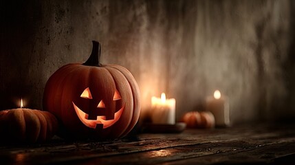 Naklejka premium Carved jack o' lantern glowing with warm candlelight on a rustic wooden table, surrounded by candles and shadows for an eerie, festive october halloween scene