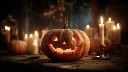 Jack o' lantern glowing brightly in a dark setting, creating a spooky halloween atmosphere with lit candles providing warm light for the autumn celebration