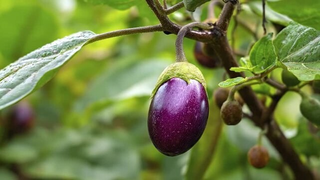 A vibrant, deep purple eggplant hangs gracefully from its lush green plant, beautifully adorned with glistening water droplets after a refreshing rain. The rich texture of the vegetable's skin and the