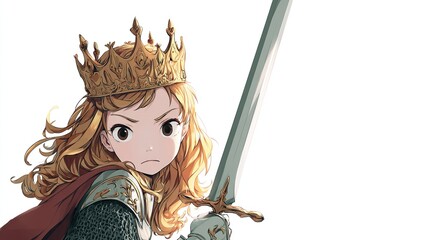 Animated young queen, crown atop head, sword held firmly, battle armor, stoic expression, and flowing hair