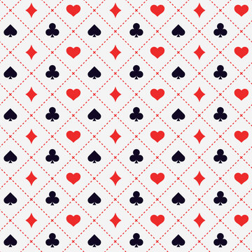 Seamless vector pattern with playing card suit icons. Spade, heart, club, and diamond symbols. Perfect for background, textile, wallpaper, poker, casino, and decorative designs.